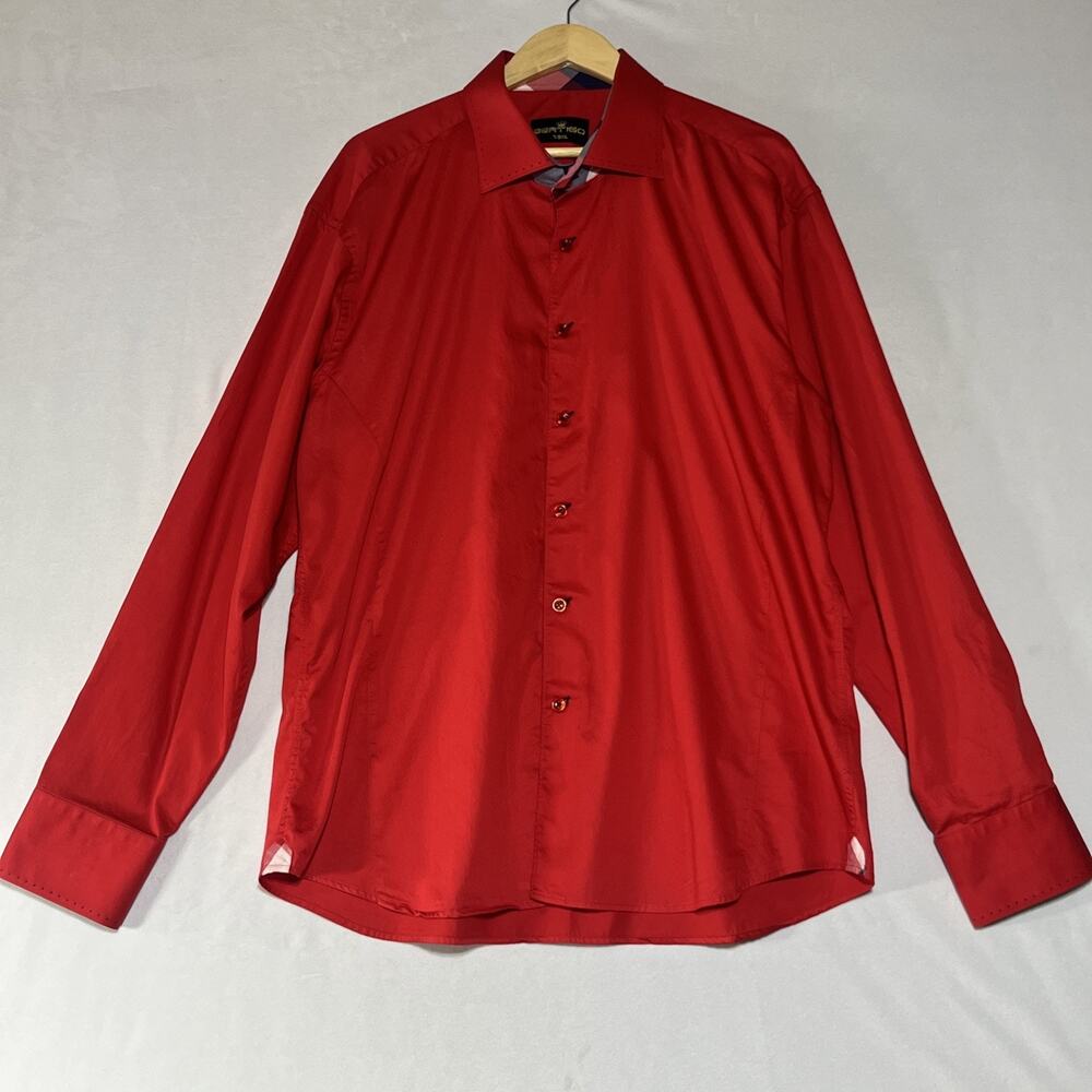 Bertigo Mens Collared Button Up Dress Shirt Size 3XL Red Plaid Flip Cuffs Cotton